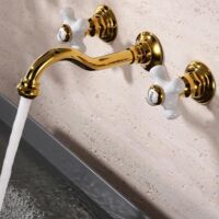 Gold zirconium wall-mounted washbasin tap, double-handle brass mixer tap, elegant bathroom design