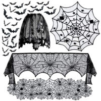 Kit de décoration d'Halloween en 5 pièces : nappe en dentelle, décorations de cheminée, rideaux et 48 chauves-souris.