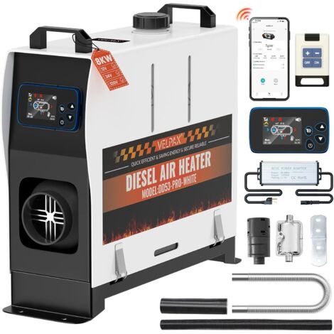 Chauffage Diesel 8 KW 12V/24/220V Tout-en-Un Portable Chauffage à Air Diesel,0,16-0,52 L/h Réchauffeur d'air Diesel 8-36 ℃ Réglable 15-20 m² Contrôle Intelligente Télécommande LCD Bluetooth APP