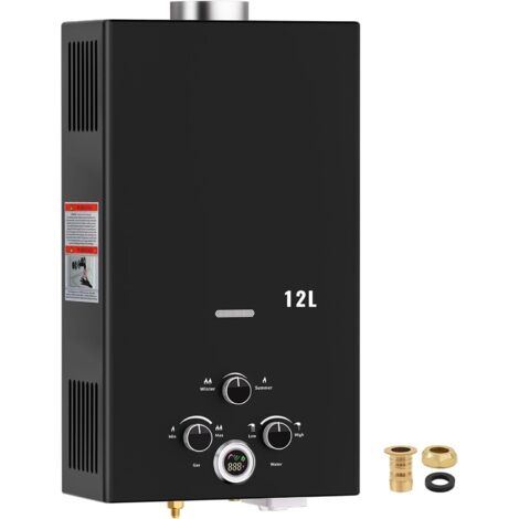 Chauffe-eau à gaz instantané sans réservoir 12L / 24kW Propane GPL pour usage intérieur ventilé, extérieur, écran LED, modes été/hiver, Certifié CE – Camping Douche Buanderie Caravane