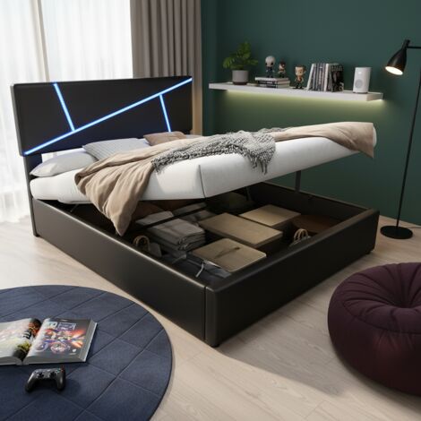 Chingnimon Gepolstertes 90x200 Bett mit LED und Stauraum, Lattenrost, hydraulische Öffnung, schwarzes Kunstleder (1/5)