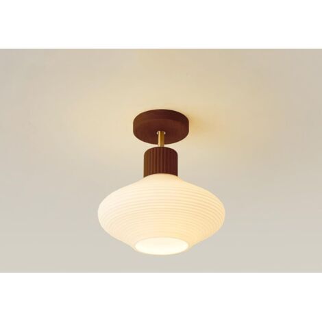 Plafonnier semi-encastré, moderne, proche du plafond, avec abat-jour en verre rainuré ondulé blanc, luminaires suspendus de ferme for chambre d'enfant, couloir, entrée (Couleur noyer sans ampoule) (1/4)