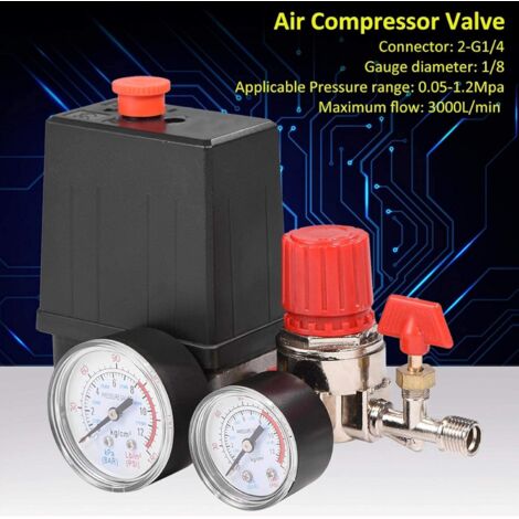 Pressostat Compresseur d'air, Compresseur d'air 12 bar, Pression du Pressostat avec manomètres pour régulateur de soupape de commande de commutateur de réduction de pression rapide (1/4)
