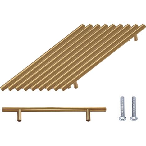 10Pcs Poignée de Barre en T, Paquet Porte D'armoire Brossées Matériel Acier Inoxydable pour Armoires de Cuisine Poignée de Tirage Centres de Trous 96 mm Or (1/5)