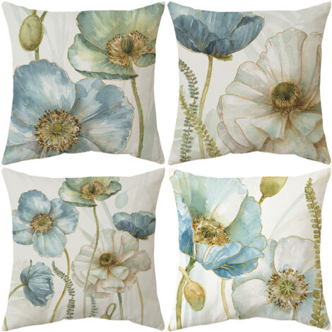 Extérieur Housse de Coussin, Lot de 4 Imperméable Fleurs Jaunes et Bleues Motif Canapé Taie d'oreiller pour Patio Jardin Salon Chambre Décoration, 45x45cm (1/5)