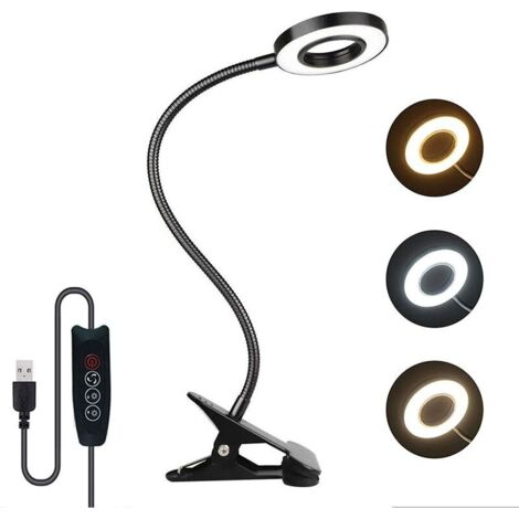 7W Usb Lampe De Bureau à Pince, 3 Couleurs Et 10 Luminosité Réglables, 48 Led 350° Flexible, Lampe Pince Pour Lit, Liseuse Lampe De Lecture Livre, Dimmable Usb Clip Lampe De Chevet Pour Lire (Noir) (1/5)