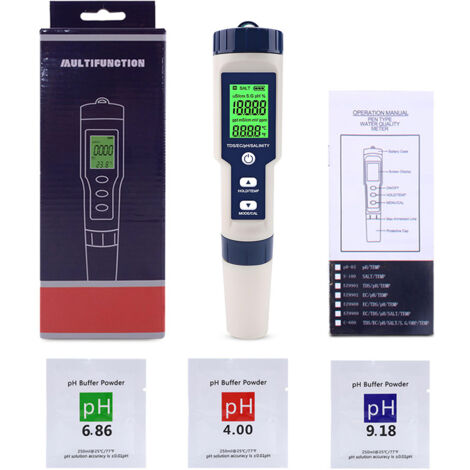 PH Mètre Électronique 5 en 1 avec TDS EC Salinité Température, pH Testeur Multi-paramètres étanche IP67 de Haute précision, Testeur pH Salinité Piscine Eau avec temp compensation automatique (1/5)