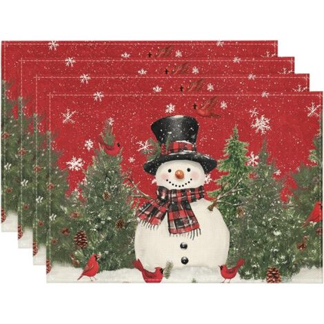 Sets de table de Noël, 30 x 40 cm, motif bonhomme de neige, cardinal, oiseaux d'hiver, Noël, rustique, vintage, Thanksgiving, lavables, lot de 4 (1/5)