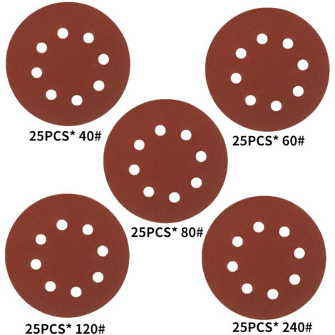 Disques de polissage de forme ronde, 5 pouces, grain 40-125, 8 trous, pour ponceuse, 125 pièces (1/5)