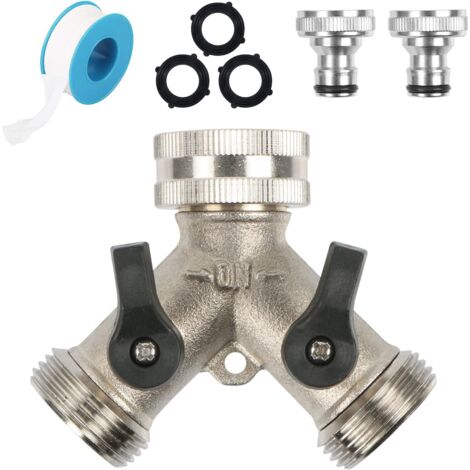 2-Voies Y-Distributeur, Adaptateur Tuyau Arrosage en Laiton de 3/4", Robinet Double Machine a Laver, pour Lave-Linge, Salle de Bain, Cuisine, avec 2 Répartiteur de Tuyau, 3 Rondelles et 1 Un Ruban (1/5)