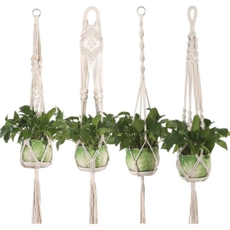 Suspension pour plantes en macramé, panier suspendu, jardinière suspendue, corde suspendue avec perles, style bohème, intérieur, extérieur, plafonds, balcons, décoration murale, lot de 4 (1/5)