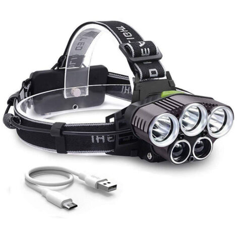 Lampe Frontale Rechargeable, Lumen Eclairage Puissante Ultra USB Rechargeable 5 LED 6 Modes d'Eclairage sans batterie Antichoc pour Marche Running Camping Escalade Randonnée Bricolage-le noir(lumière (1/4)