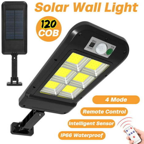 120 COB Solaire Réverbères LED Éclairage Solaire Avec Induction + Télécommande + PIR Motion Senor Étanche IP65 Crépuscule À L'aube Applique Murale Pour Extérieur/Garage/Cour/Jardin (1/5)