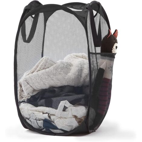 Panier à linge pop-up en maille avec poignées durables – Paniers à vêtements pliables portables pour dortoir, salle de bain et voyage (noir) (1/5)