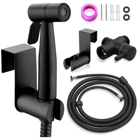 Kit hygiène + robinet 3 voies - Kit Douchette WC,Pulvérisateur de bidet à main, Douchette Toilette WC Eau Chaude et Froide avec Flexible et Support, Noir (1/5)