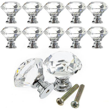 10 Pcs 30 mm Verre Placard Boutons de cristal forme de diamant Poignée de traction pour tiroirs Commode Armoire placards de cuisine (1/4)