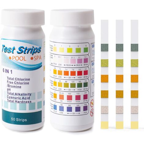 ZOLGINAH Bandelettes de Test pour Piscine,6 en 1 Bandelette Test Qualité d'eau,Kit de Bandelettes de Test pour PH, Chlore Total, Chlore Libre, Alcali Total, Dureté Totale, Acide Cyanurique (100PCS) (1/5)