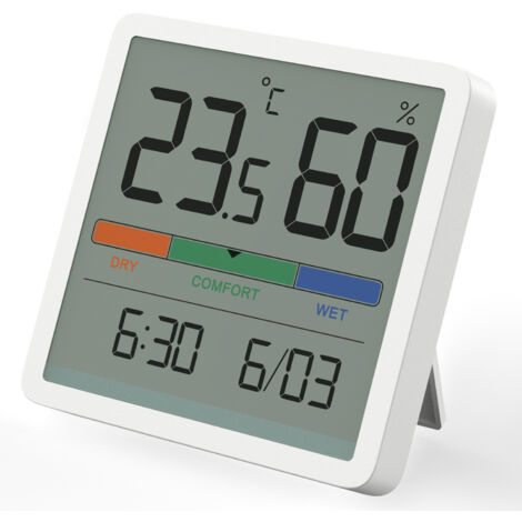 Hygromètre Thermomètre d'intérieur, thermomètre numérique de bureau avec moniteur de température et d'humidité, thermomètre d'ambiance à jauge d'humidité précise avec horloge(Blanc) (1/4)