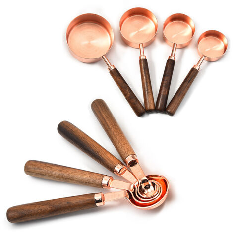 Noyer cuivre tasse à mesurer cuillère à mesurer manche en bois or rose balances de cuisson cuillère à mesurer 8 pièces cuillère à mesurer (1/4)