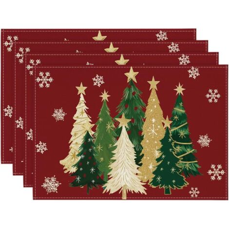 Lot de 4 sets de table d'hiver motif sapin de Noël et flocons de neige, 30 x 40 cm, rouges, pour décoration de fête, cuisine, salle à manger (1/5)