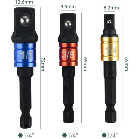 Adaptateur Porte Douilles 1/4" 3/8" 1/2" Adaptateur Porte Douille pour Visseuse à Choc Adaptateur Porte Douille Visseuse a Choc Prise Perceuse Visseuse Jeu de Rallonges Colorés (1/4)