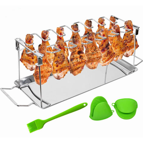 Support de Cuisse de Poulet Barbecue Pliable en Acier Inoxydable avec Espace pour 14 Cuisses ou Ailes de Poulet au Four ou au Gril, avec Bac d'égouttement, Gants, Brosse en Silicone (1/5)