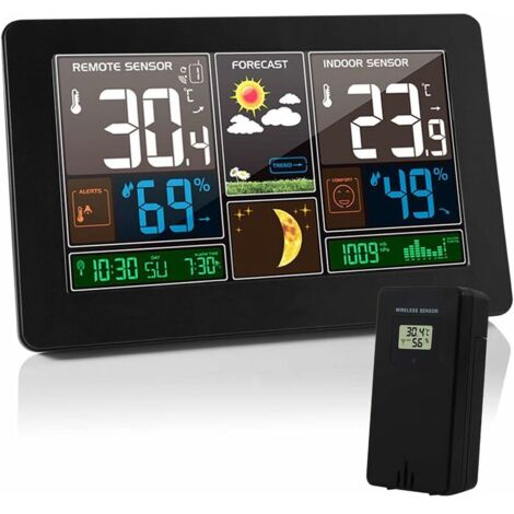 Station Météo Thermomètre Hygromètre Baromètre Intérieur Extérieur avec Capteur LED Ecran, Rétro-éclairage Horloge Numérique Affichage Heure Date Jour Phase de Lune (Noir) (1/5)