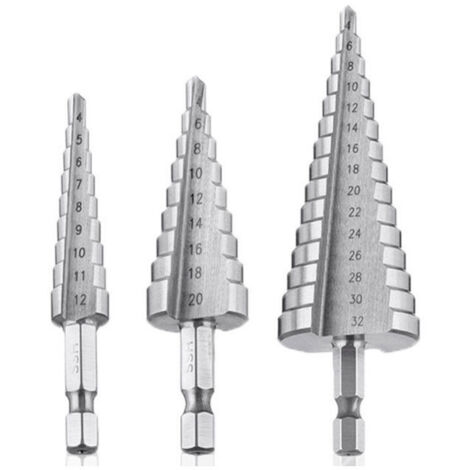Foret Etagé, Foret Fraise Metal HSS 3PCS SKU00468 Meche Etage Perceuse Acier Fraise Forage Conique Triangle (1/4)