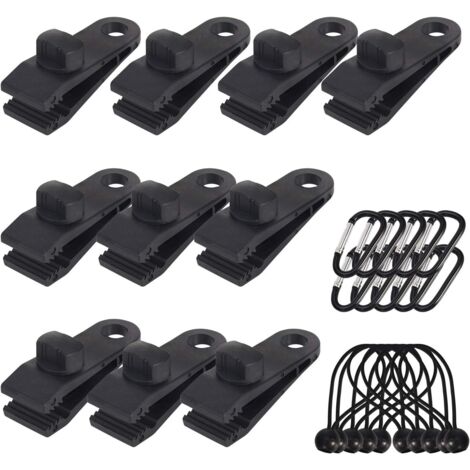 Lot de 10 Clips de bâche Support de bâche pour extérieur avec Attache en Toile et Cordon élastique + Mousqueton en Forme de D pour bâches, auvents, Camping, Caravane, couvertures de Voiture (1/5)
