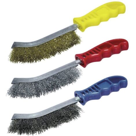 Brosse en fil d'acier avec manche en plastique rouge, antirouille, ébavurant, brosse de nettoyage à manche en plastique, une brosse avec manche et lame. (1/4)