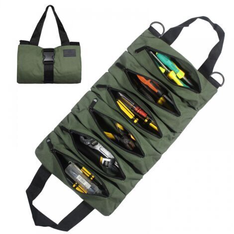 (verde) Bolsa de herramientas multifunción en rollo de lona Bolsa de herramientas portátil con 6 bolsillos con cremallera adecuada para el hogar diario, carpintería, herramientas de electricista (1/5)