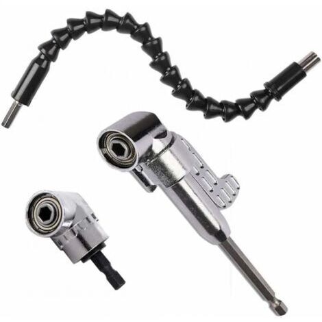 Juego de brocas en ángulo recto (1 corta + 1 larga) y 1 destornillador de eje flexible de 30 cm. Taladro en ángulo de 105 grados, cambio rápido, acceso a taladros eléctricos de 6 mm y 1/4". (1/5)