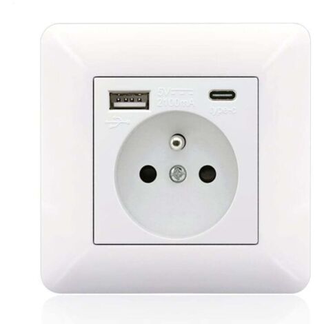 Panel de enchufes francés tipo C + USB16A tipo 86, número de enchufes: 2 orificios, número de puertos USB: 1, número de puertos tipo C: 1, seguro y firme (arco blanco) (1/5)
