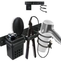 Soporte para secador de pelo, estante de almacenamiento montado en la pared, rizador de baño, alisador de pelo, estante de almacenamiento, soporte para secador de pelo de Hotel, negro