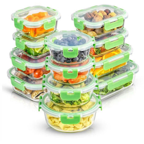 Ensemble de 24 pièces de conservation des aliments en verre (12 récipients hermétiques allant au congélateur + 12 couvercles), organisateurs de cuisine pour la préparation des repas et le garde-manger (1/5)
