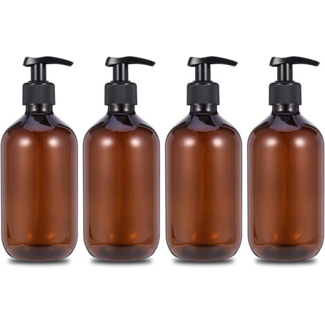 Lot de 4 distributeurs plastique 500 ml pompe noire, lotion/gel/savon mains vide rechargeable (1/5)