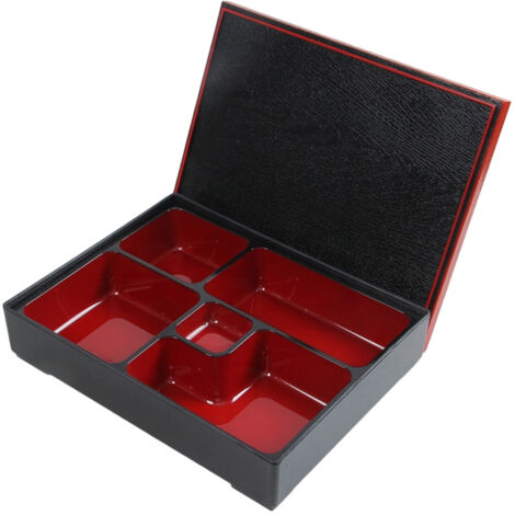 Boîte à bento en plastique noir et rouge avec couvercle, 26 cm (10,25 po) de long. Facile à utiliser. (1/5)