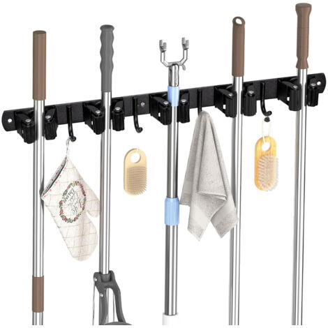 Accroche Balai Mural, 5 Support Balais Mural et 4 Crochets Noir, Porte Balai avec Percage ou Adhésif san Percage, Organisateur pour Salle de bain, Garage, Outils de Jardinage, Cuisine (1/5)