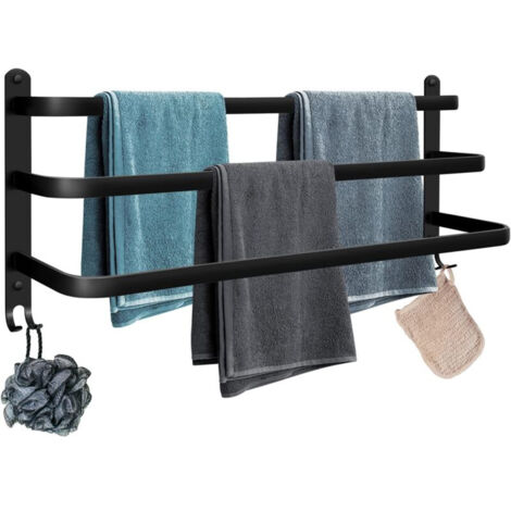 Porte-serviettes mural de salle de bain avec crochets, en aluminium, 60 cm de large, noir. (1/5)