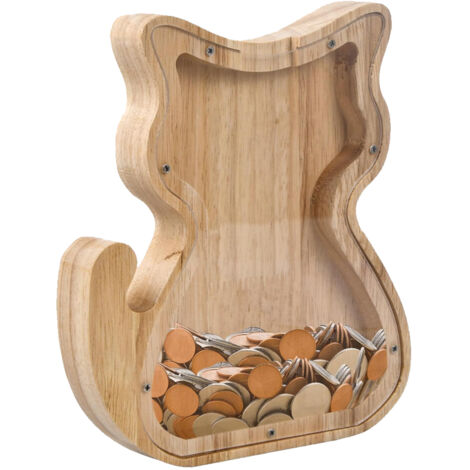 Tirelire chat en bois naturel, facile à ouvrir - un cadeau éducatif idéal pour les garçons et les filles - décoration de chambre sur le thème des animaux. (1/5)