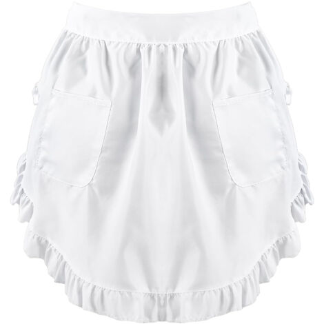 Tablier blanc à demi-plis avec deux poches, taille unique, style vintage, idéal pour la cuisine, les restaurants, les cafés et le nettoyage. (1/5)