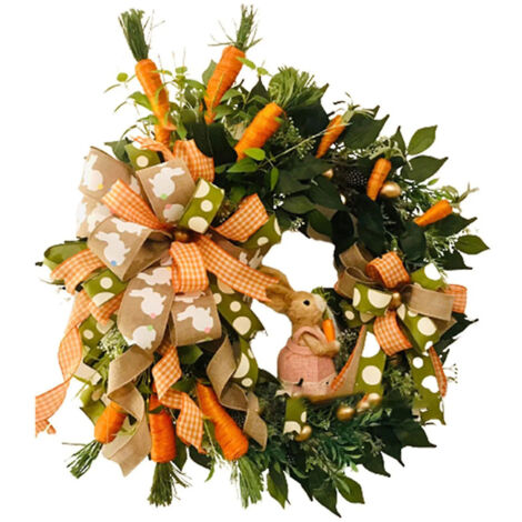 Couronne de Pâques avec lapin mignon, œuf doré, plantes artificielles et carottes, 1 pièce, orange (1/5)