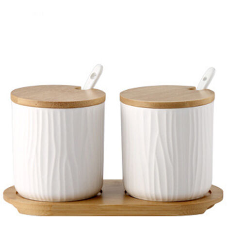Ensemble de 2 pots à épices en céramique OnePine, sucrier en céramique avec cuillère et couvercle en bambou pour le thé, le sucre, le sel et les épices. Idéal pour la maison et la cuisine. (1/5)