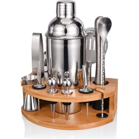 Coffret à cocktails 12 pièces, kit de barman professionnel avec élégant support en bambou et outils de bar en acier inoxydable pour cocktails. (1/5)