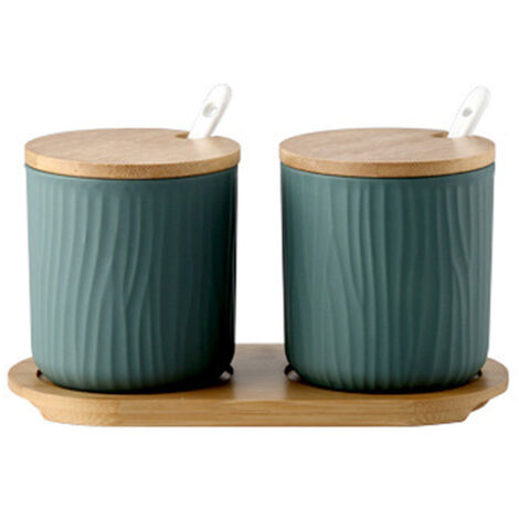 Ensemble de 2 pots à épices en céramique OnePine, sucrier en céramique avec cuillère et couvercle en bambou pour le thé, le sucre, le sel et les épices. Idéal pour la maison et la cuisine. (1/5)