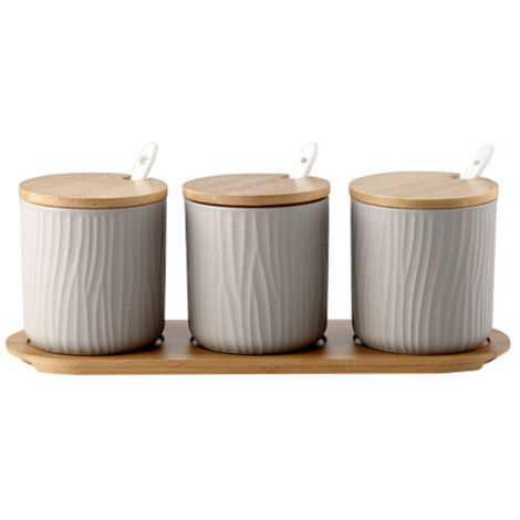 Ensemble de 2 pots à épices en céramique OnePine, sucrier en céramique avec cuillère et couvercle en bambou pour le thé, le sucre, le sel et les épices. Idéal pour la maison et la cuisine. (1/5)