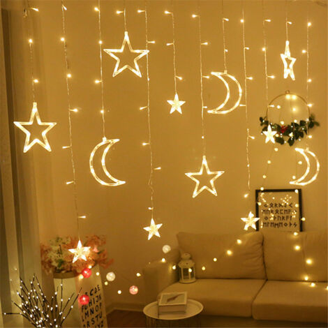 Guirlande lumineuse décorative de 3,5 m, 8 modes, 3 étoiles et 3 lunes, pour rideaux de fête, 220 V, blanc chaud (UE). (1/5)