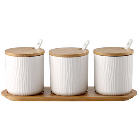 Ensemble de 2 pots à épices en céramique OnePine, sucrier en céramique avec cuillère et couvercle en bambou pour le thé, le sucre, le sel et les épices. Idéal pour la maison et la cuisine. (1/5)
