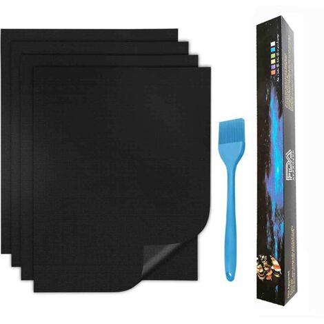 Tapis de cuisson pour barbecue extérieur, lot de 4, antiadhésifs, réutilisables et faciles à nettoyer, compatibles avec les barbecues à gaz, à charbon et électriques, 40 x 50 cm, avec brosse à barbecu (1/5)