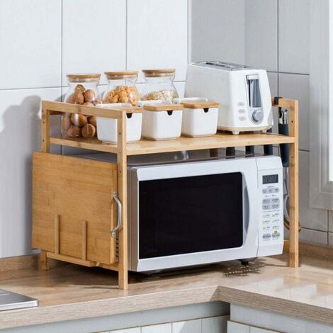 Étagère de cuisine en bambou pour four à micro-ondes, organisateur à 2 niveaux avec crochets, support pour planche à découper (1/5)